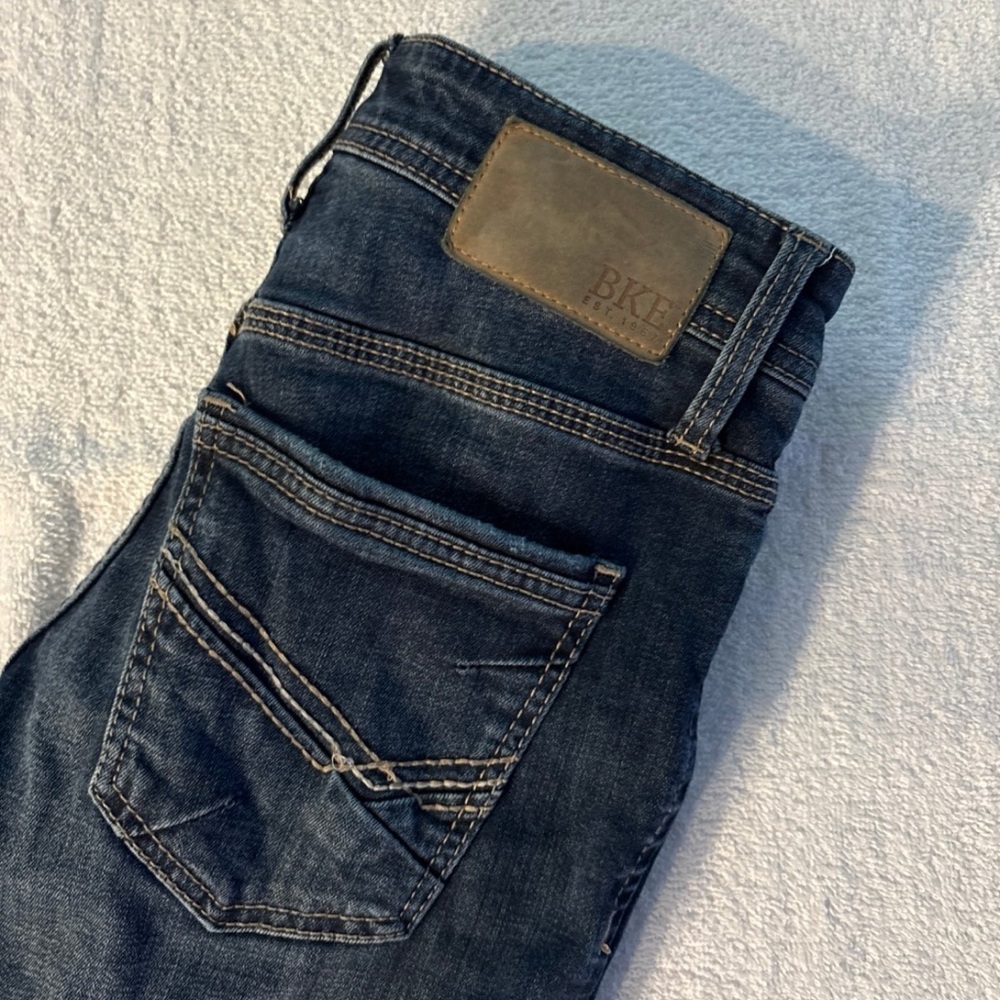 BKE Blue Jeans with Geometric Stitching and Vintage Look